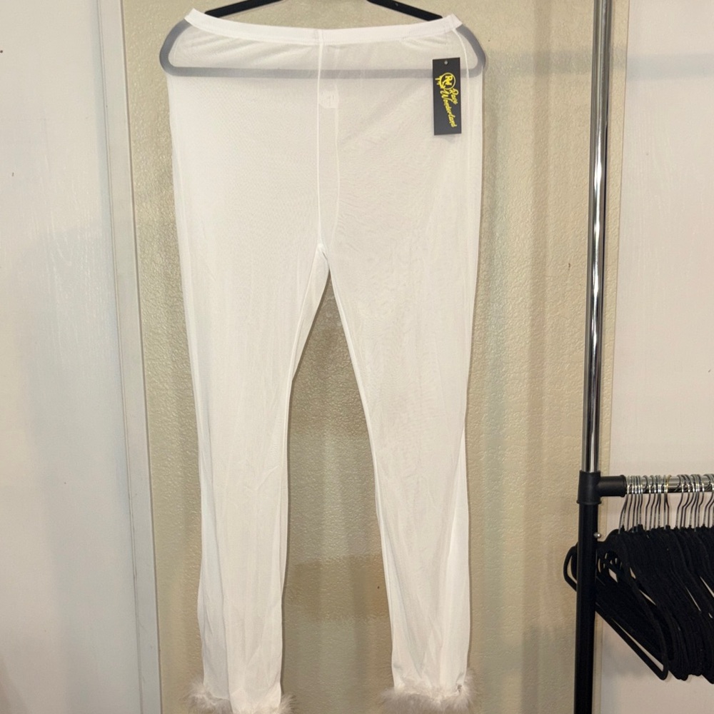 # 57 White sheer pants with Feather Trim